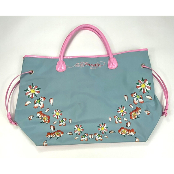 2011 Ed Hardy Tote Bag Blue and Pink Floral Purse Shoulder Bag - Picture 1 of 5